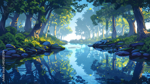 Tranquil Old Growth Forest River Reflections  Serene flat design backdrop with a river flowing through ancient trees  creating perfect reflections on still waters. Inspirational fl