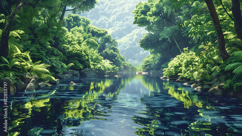 Old Growth Forest Stream: A serene meandering stream among lush undisturbed vegetation   Flat Design Backdrop Concept photo