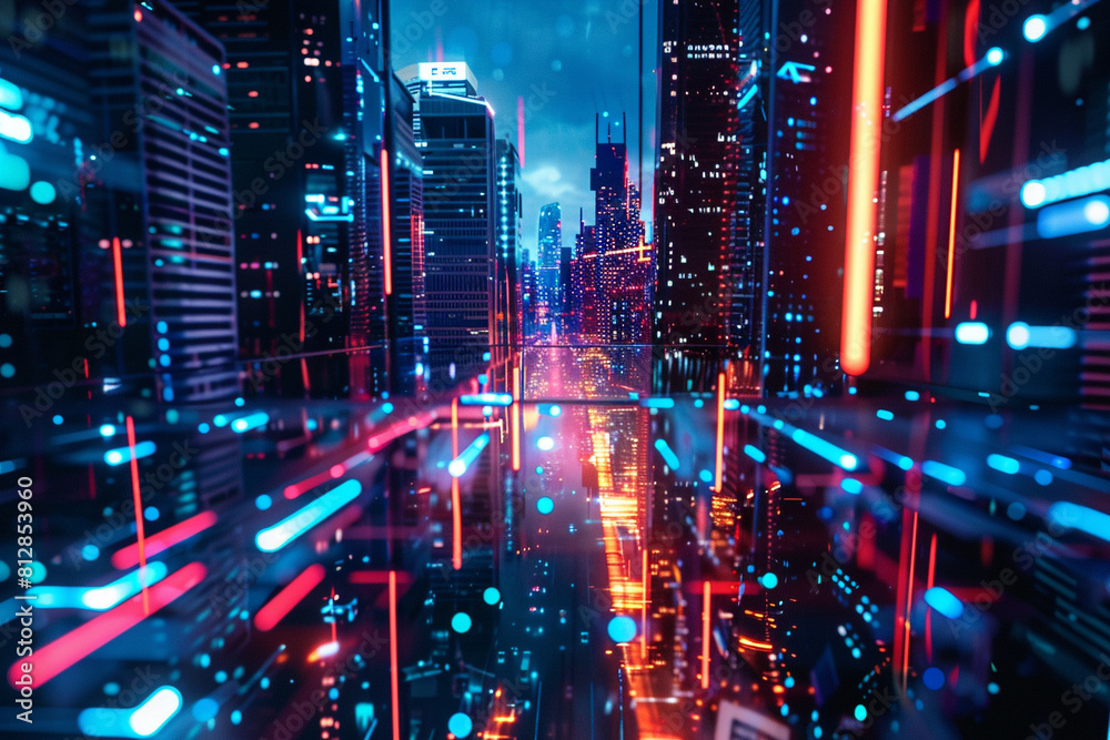 A futuristic cityscape with neon lights and holographic projections,