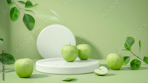 Roundshaped podium in white color is displayed on pastel background with green apple Blank space on the podium for product presentation of Green Apple Malus domestica extract : Generative AI photo