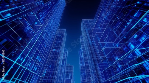 Abstract view skyscrapers with blue glass of polygonal wireframe illustration. AI generated hyper realistic 