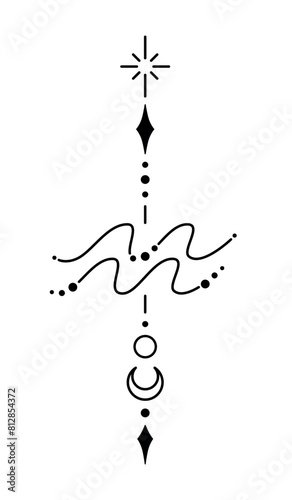 Aquarius zodiac sign and symbol blackwork tattoo. Sacred geometry horoscope tattoo design, mystic symbol of constellation. New school dotwork, line art minimalist style tattoo. Boho design.