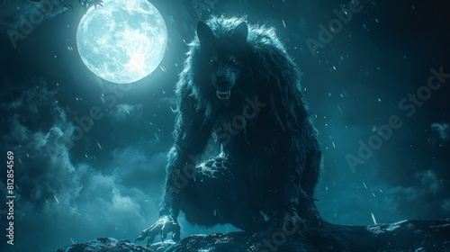 Fierce werewolf silhouette backlit in moonlight, standing on stone cliff, isolated background, creepy werewolf with sharp fangs and claws, novel cover，Silhouette of Fierce Werewolf Standing on Cliff 