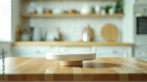 Pedestal for product on wooden table in blurred kitchen interior   Generative AI