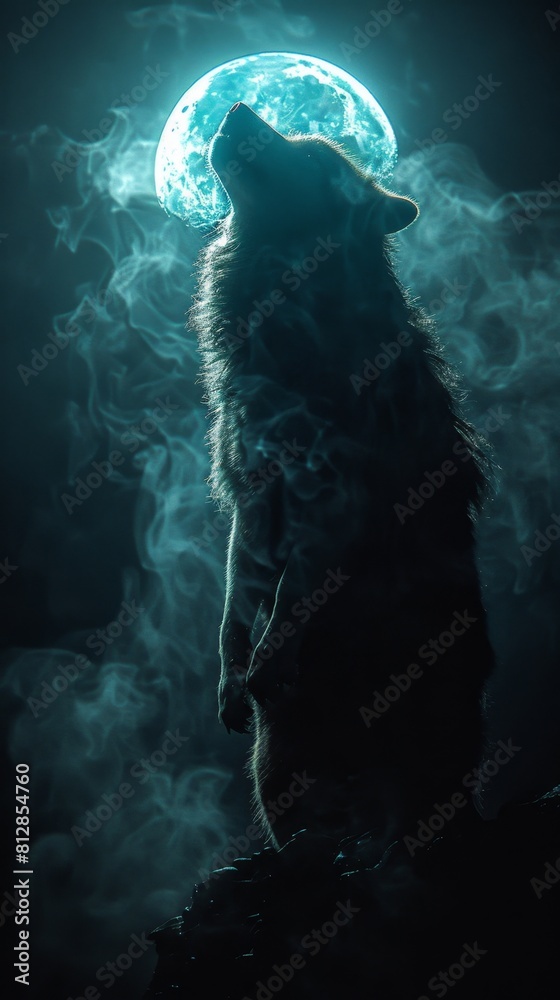 Naklejka premium Fierce werewolf silhouette backlit in moonlight, standing on stone cliff, isolated background, creepy werewolf with sharp fangs and claws, novel cover，Silhouette of Fierce Werewolf Standing on Cliff 