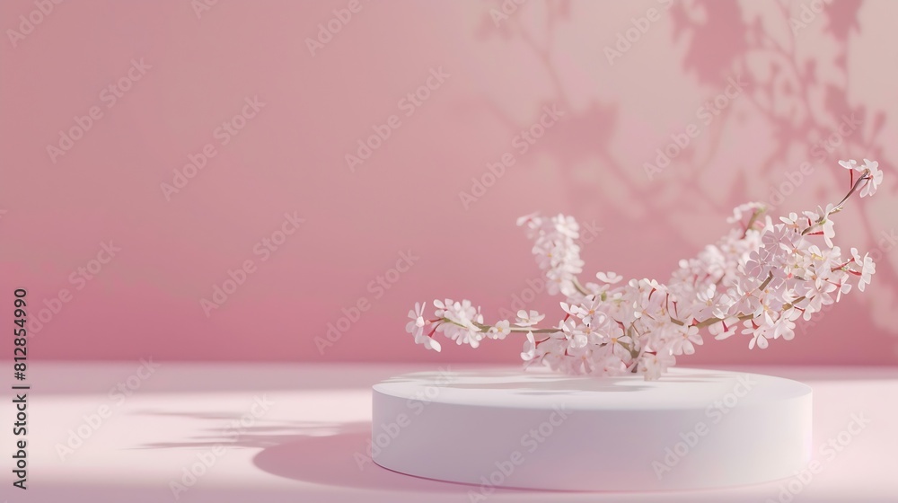 A front view of white podium decorated with flower and pink background with blank space for advertising : Generative AI