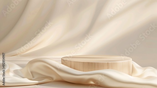 Luxury wooden product podium for beauty and fashion product with silk fabric on beige background Premium brand placement  mockup template Studio stage scene display Soft neutral pastel : Generative AI