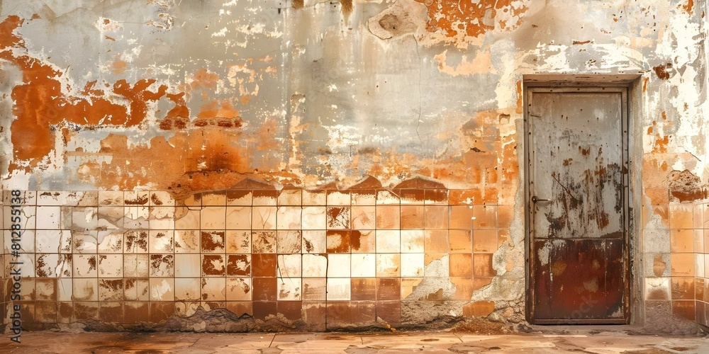 Aged Urban Decay: Building with Distressed Walls, Old Tiles, and Concrete. Concept Urban Decay, Weathered Architecture, Distressed Walls, Worn Tiles, Concrete Structures