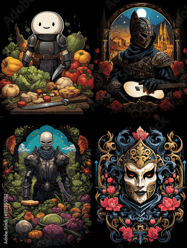 Fantasy medieval artwork featuring knights, masks, and feasts with vibrant colors, gothic aesthetics, and mythical storytelling in a surreal and artistic composition