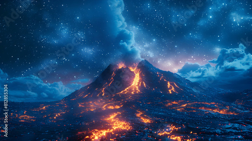 Photo realistic of Active Volcano Night Sky An active volcano under a starry night sky with a trail of lava illuminating the darkness Captivating and immersive nature concept i