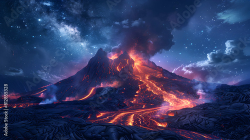 Moody and Mesmerizing: Active Volcano Lighting up the Night Sky with Luminous Lava Trail Photo Realistic Concept