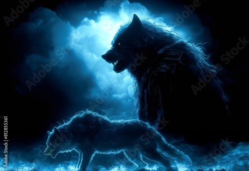 Fierce werewolf silhouette backlit in moonlight  standing on stone cliff  isolated background  creepy werewolf with sharp fangs and claws  novel cover   Silhouette of Fierce Werewolf Standing on Cliff 