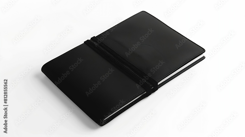 Black leather notebook mockup with elastic isolated on white background Top view Clipping path : Generative AI Black leather notebook mockup with elastic isolated on white background Top view Clipping path : Generative AI