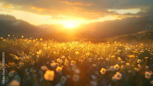 The sun sets over Alpine meadows casting a golden glow on the landscape   photo realistic dusk scene perfect for evening walks