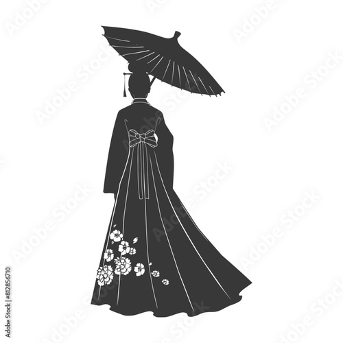 Silhouette independent korean women wearing hanbok with umbrella black color only