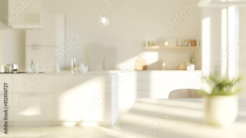 Blurred modern kitchen view Scandinavian kitchen minimalist design white accents Ideal for product display or design layouts   Generative AI