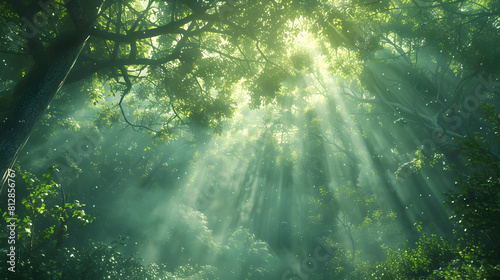 Sunlight Illuminating Timeless Beauty: Photo Realistic Ancient Woodland Canopy in Old Growth Forest