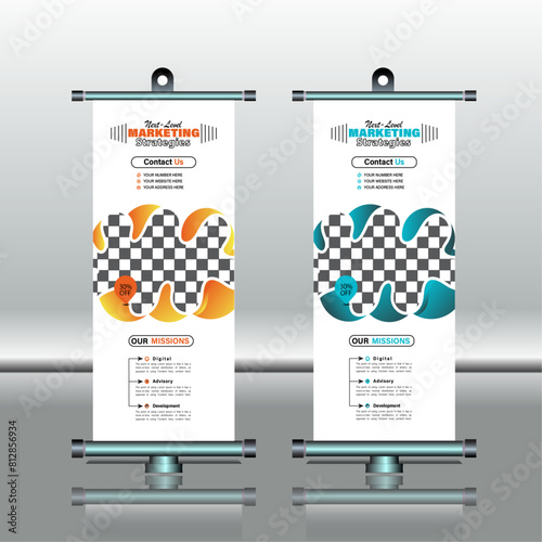 Roll up banner stand template design, blue banner layout, advertisement, pull up, vector illustration, business flyer, display, x-banner, flag-banner, infographics, presentation 
