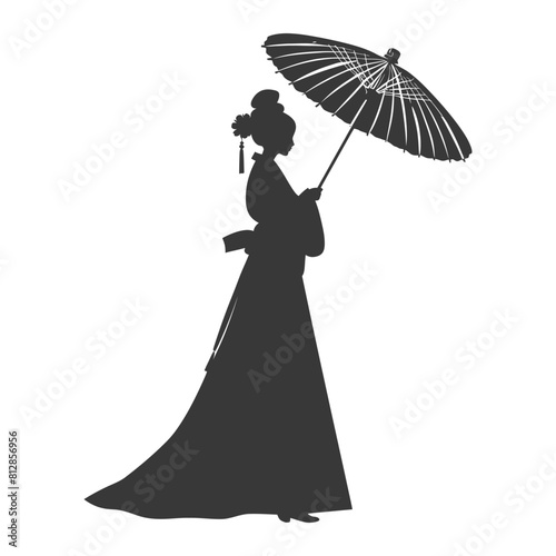 Silhouette independent korean women wearing hanbok with umbrella black color only