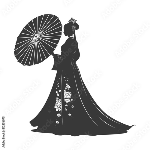 Silhouette independent korean women wearing hanbok with umbrella black color only