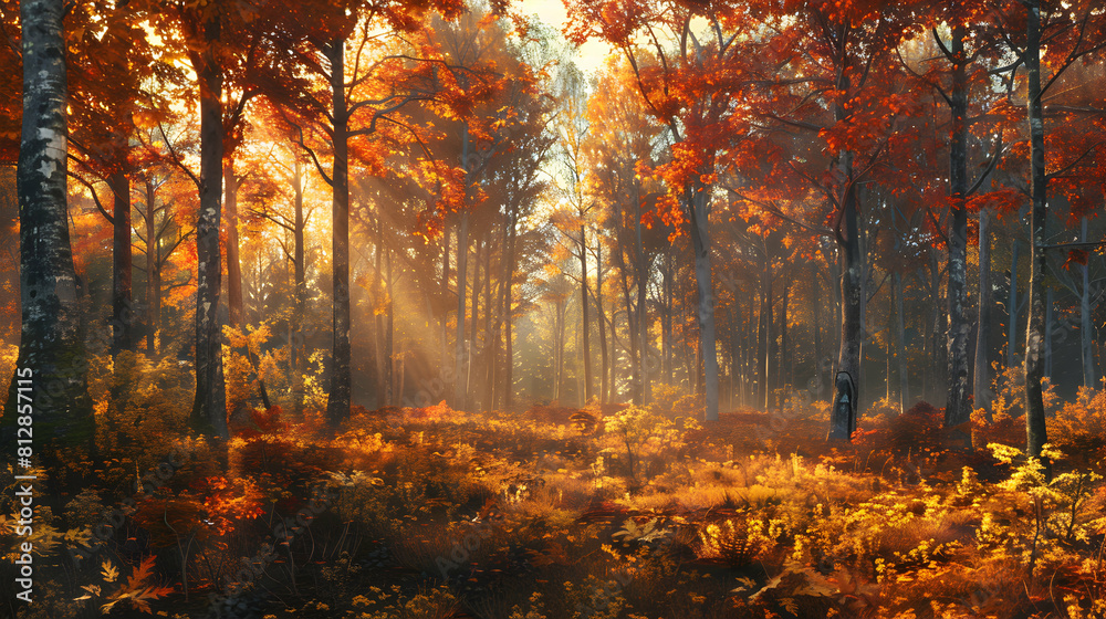 Photo realistic view of Autumn Colors transforming an Old Growth Forest into a vibrant canvas with deep reds and bright yellows   Stock Photo Concept