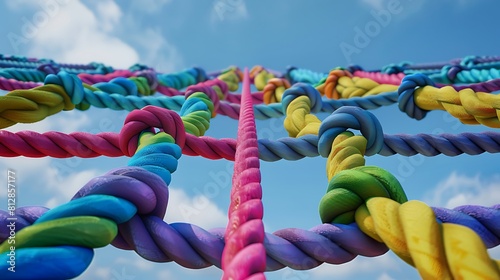 Colorful ropes tautly stretched between unseen forces in a spirited game of unity and competition