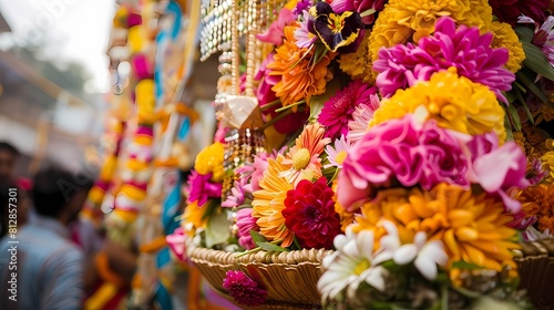 A traditional baggi adorned with an abundance of flowers in rich hues  symbolizing joy and prosperity as it awaits the celebratory procession