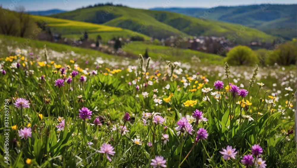 Scenic Springtime, Panoramic View of Verdant Hills Adorned with Spring Flowers Scenic Springtime, Panoramic View of Verdant Hills Adorned with Spring Flowers