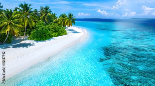 Stunning Tropical Maldivian Beach on Remote Island Ringed by Swaying Palms and Turquoise Lagoon Waters © JIRAPHASS
