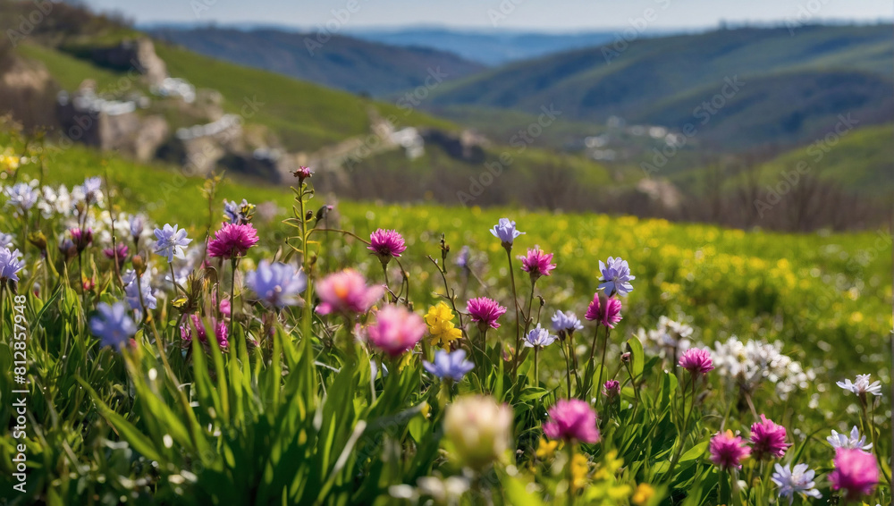 Scenic Springtime, Panoramic View of Verdant Hills Adorned with Spring Flowers Scenic Springtime, Panoramic View of Verdant Hills Adorned with Spring Flowers