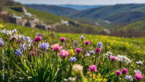 Scenic Springtime, Panoramic View of Verdant Hills Adorned with Spring Flowers