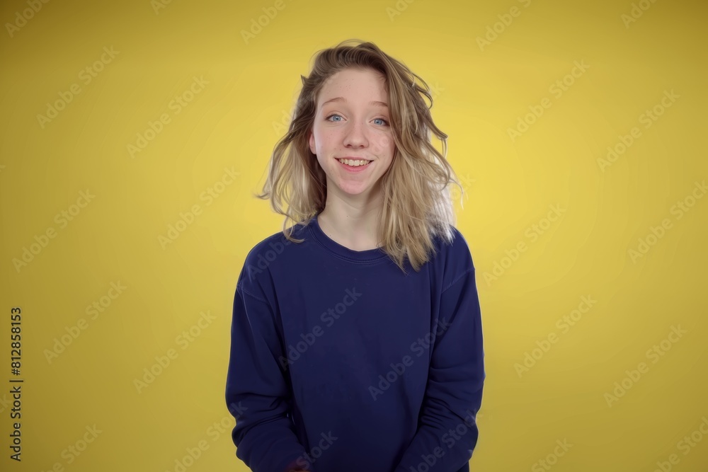 Casual Teen Girl on Yellow Background. Generative AI.