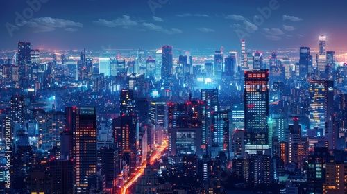 Beautiful Panoramic Cityscape at night. Night time landscape city skyline. Generative AI. hyper realistic  © Business Pics