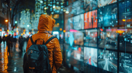 Person in a yellow hooded jacket standing before a window display at night, with illuminated street lights creating a bokeh effect in the background.