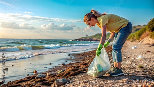 Coastline Cleanup: Volunteer Woman Protecting Marine Ecology. Perfect for: World Oceans Day, Coastal Cleanup Day, beach cleanup, marine conservation, environmental stewardship, coastal preservation.