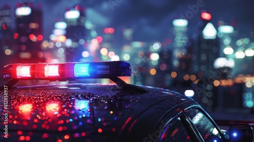 Blue and red light flasher atop of a police car. City lights on the background. hyper realistic  photo