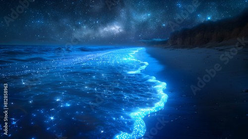 Bioluminescent Coastline: Serene Waves Reflecting Starlit Sky in Photo Realistic Concept on Adobe Stock