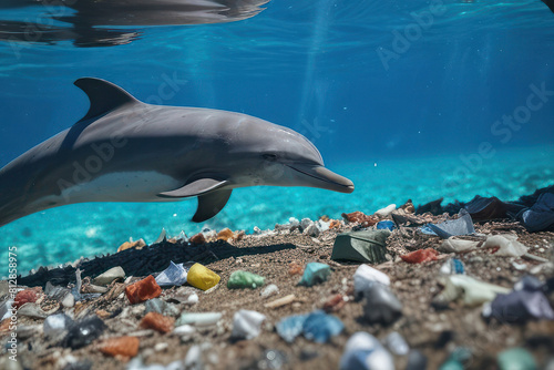 dolphin swimming through a sea of plastic waste  highlighting the urgent environmental issue of ocean pollution and its impact on marine life