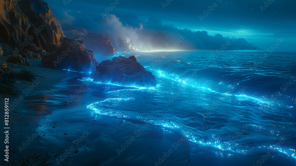 Enchanting Coastal Landscapes: Bioluminescent Waves Illuminate Rocky Shores in Stunning Photo Realism