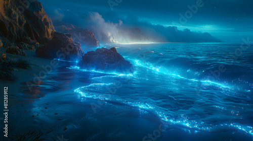 Enchanting Coastal Landscapes: Bioluminescent Waves Illuminate Rocky Shores in Stunning Photo Realism