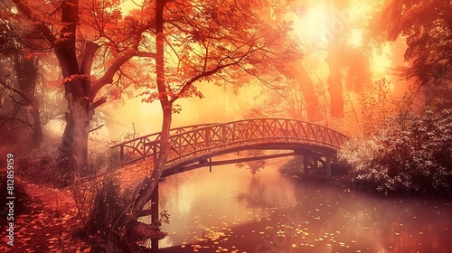 Autumn nature landscape Lake bridge in fall forest Path way in gold woods Romantic view image scene Magic misty sunset pond Red color tree leaf park Calm bright light city sunrise sunl   Generative AI