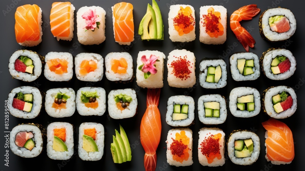 sushi rolls, including California rolls, tuna rolls, and avocado rolls, sushi rolls, including California rolls, tuna rolls, and avocado rolls,