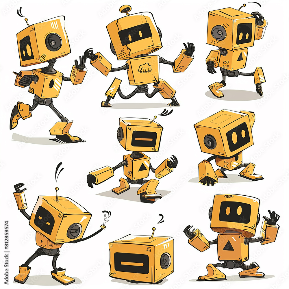 The illustration features a yellow cartoon robot in various poses. The illustration features a yellow cartoon robot in various poses.