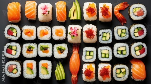 sushi rolls, including California rolls, tuna rolls, and avocado rolls, 