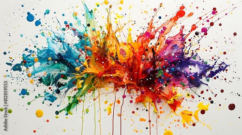 Energetic explosions of colorful paint spreading across a blank white canvas, forming an abstract and visually dynamic work of art.