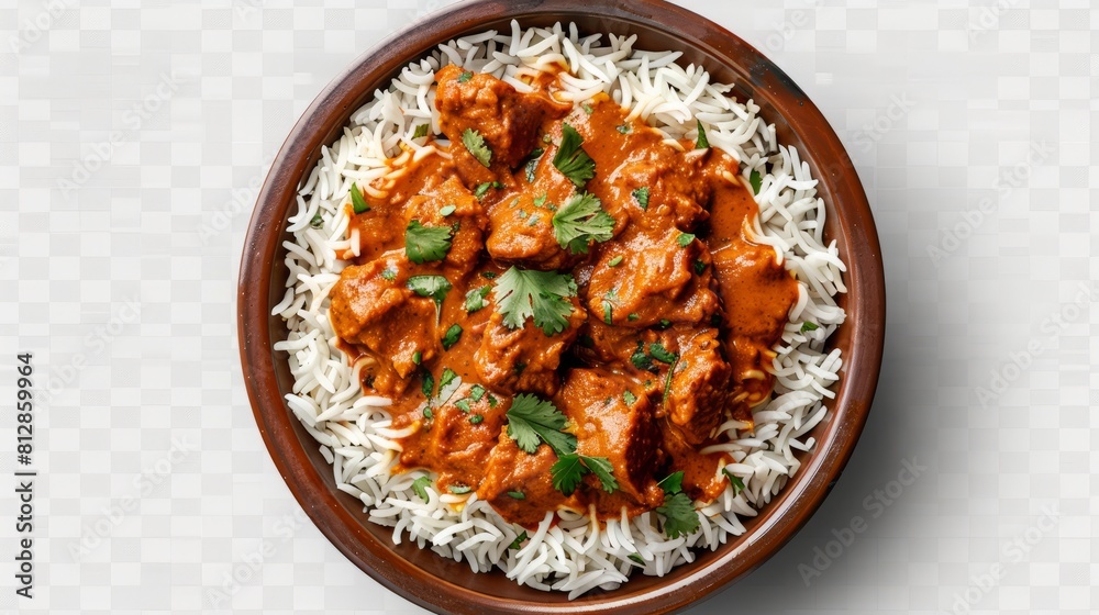 Chicken tikka masala spicy curry meat food with rice in a clay plate isolated on transparent background for menu. top down view, view from above, traditional food. generative ai hyper realistic 