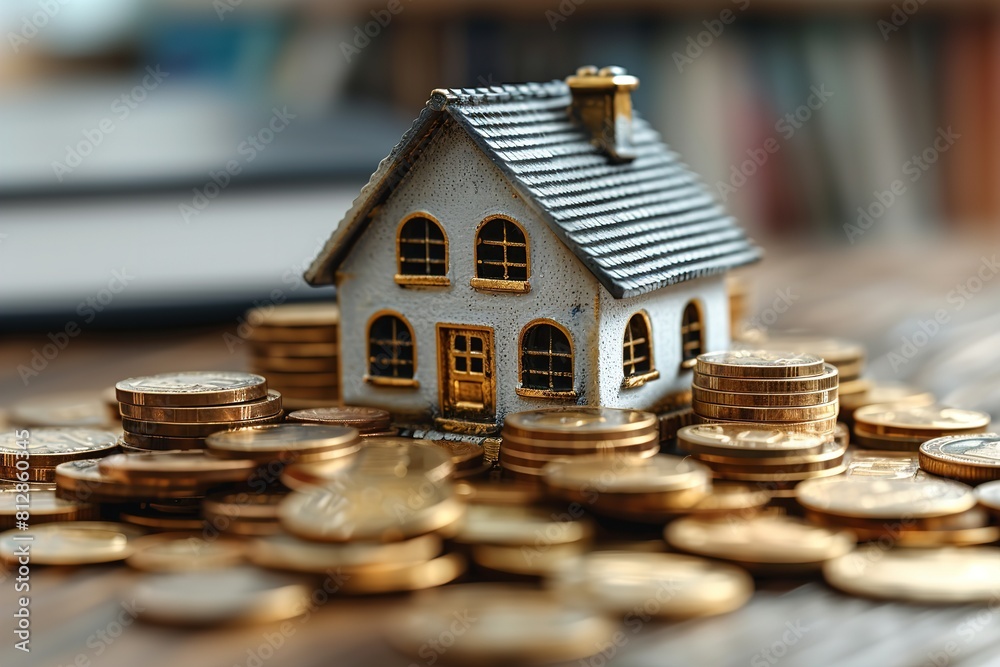 A small house sits atop a mound of shiny gold coins, representing wealth and prosperity A small house sits atop a mound of shiny gold coins, representing wealth and prosperity