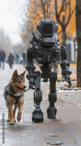 A robotic bipedal machine walking alongside a dog on a city sidewalk, illustrating a contrast between robotic engineering and a living animal. photo