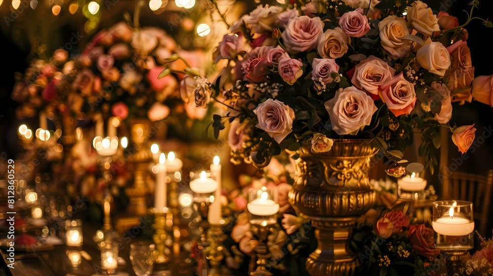 Captivating wedding decor accentuated by rose flower arrangements in varying shades, accompanied by flickering candles that cast enchanting shadows