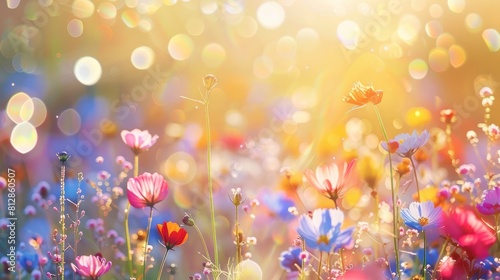 Colorful flower meadow with sunbeams and bokeh lights in summer - nature background banner with copy space - summer greeting card wildflowers spring concept hyper realistic  © Business Pics